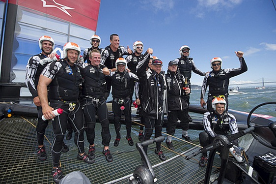 Emirates New Zealand celebrate winning the Louis Vuitton Cup against Luna Rossa Challenge. 25/8/2013. Emirates New Zealand celebrate winning the Louis Vuitton Cup against Luna Rossa Challenge. 25/8/2013.