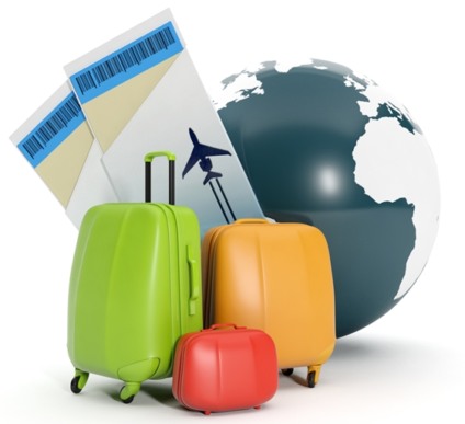 3d illustration: Land and a group of suitcases. To take a vacation rental
