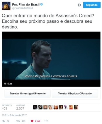 Fox Film do Brasil lança jogo interativo no Twitter para divulgar estreia de Assassin's Creed