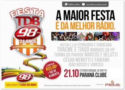 Venha comemorar o aniversário da 98FM na "Festa TDB"