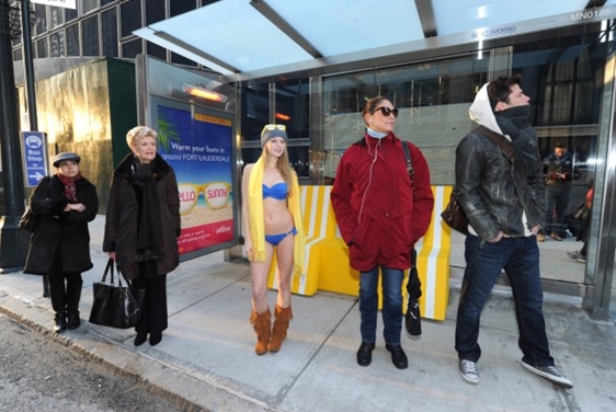 Greater Fort Lauderdale treats New Yorkers with a heated bus shelter and a beach oasis on 42nd Street and Lexington Avenue, Wednesday, Jan. 15, 2013, in New York. (Photo by Diane Bondareff for Greater Fort Lauderdale)