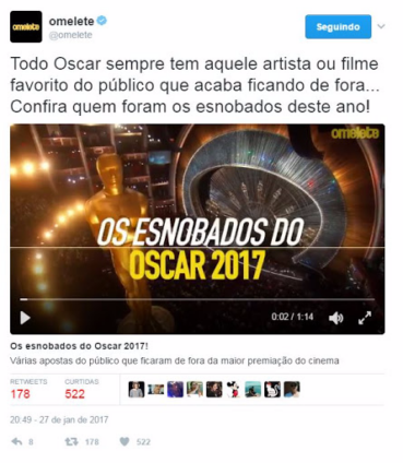 Twitter e portal Omelete fazem parceria para cobertura especial do Oscar 2017