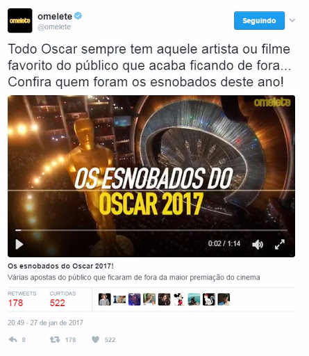 Twitter e portal Omelete fazem parceria para cobertura especial do Oscar 2017 Twitter e portal Omelete fazem parceria para cobertura especial do Oscar 2017