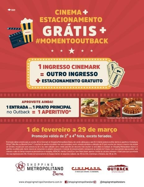 Shopping Metropolitano Barra realiza promoção com Cinemark e Outback Steakhouse