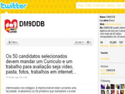 Vagas de estágio na Dm9DDB pelo Twitter
