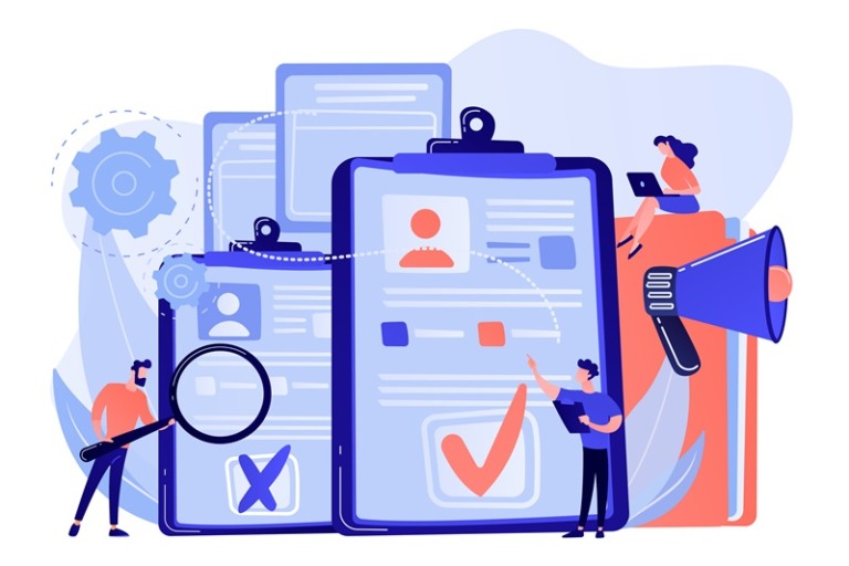 Company hr managers hiring a new employee using resume, magnifier and megaphone. Hiring employee, filling out resume, hiring process concept. Pink coral blue vector isolated illustration