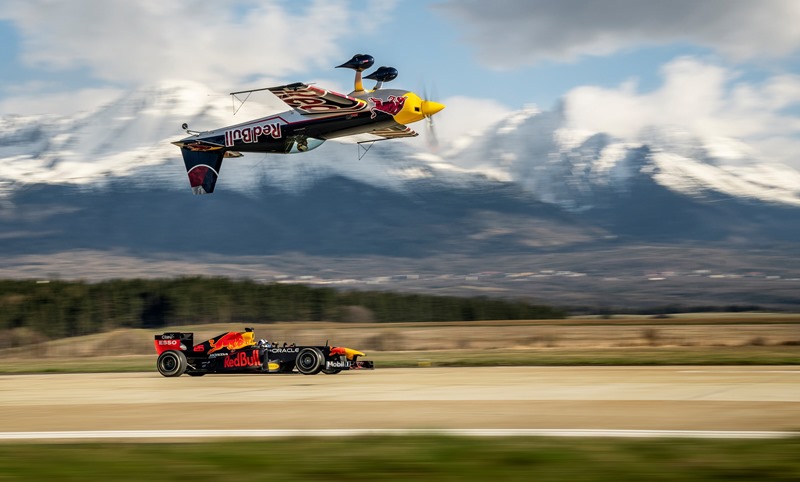 David Coulthard and Martin Sonka perform a stunt during the filming of Czech & Slovak F1 Road Trip in Poprad, Slovakia on April 26, 2021. // SI202106140879 // Usage for editorial use only //