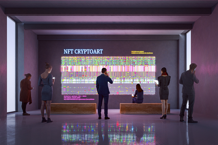 NFT CryptoArt display in art gallery with people using smart phones and digital tablets. Entrirely 3D generated image. Image on the walls is my own and it’s a 3D generated images as well.