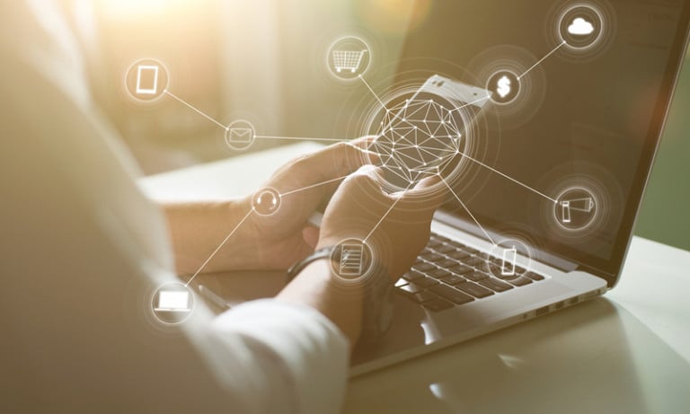 Man using mobile payments online shopping and icon customer network connection on screen.Blurred background .