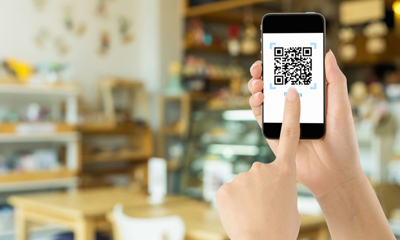 Payment via Realistic QR CODE on white screen, shopping online, pay concept technology using mobile application to scan bar code.