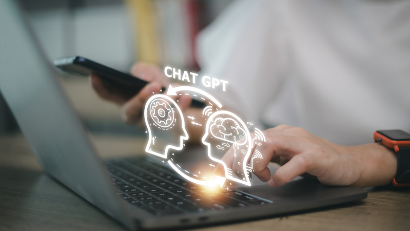 ChatGPT Chat with AI or Artificial Intelligence. woman chatting with a smart AI or artificial intelligence using an artificial intelligence chatbot developed by OpenAI.