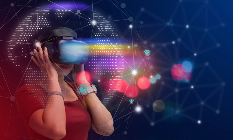 Young girl play VR virtual reality goggle and experiences of metaverse virtual world on colorful. Visualization and simulation, 3D, AR, VR, Innovation of futuristic, Metaverse Technology concepts.