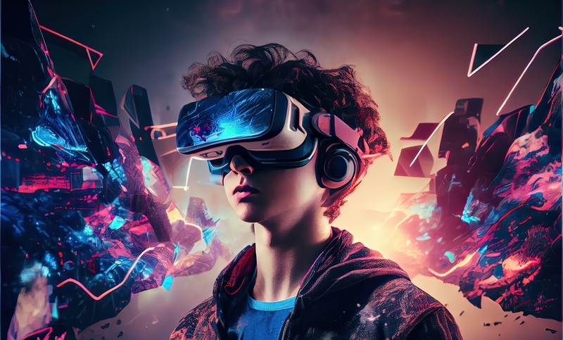 Generative AI illustration of an enthusiastic young men wearing virtual reality goggles is inside the metaverse. Metaverse concept and virtual world elements. Neural network generated Ai art