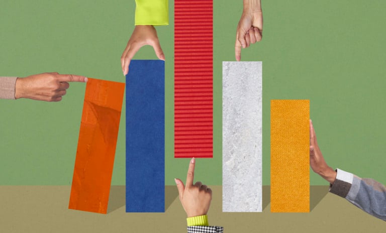 Colourful image of people manipulating columns of a bar graph.