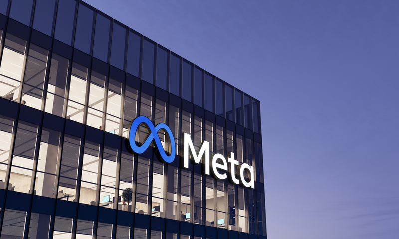 Menlo Park, California, USA. January 9, 2022. Editorial Use Only, 3D CGI. Meta Signage Logo on Top of Glass Building. Metaverse Workplace Technology Service Company High-rise Office Headquarters.