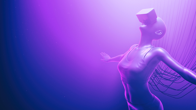 Closeup of woman in VR glasses float in neon space with cables attached to her. Metaverse avatar concept. Ultraviolet cyberpunk illustration. 3d render illustration.