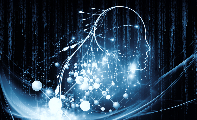 Mind Connection series. Composition of human profile, connections and numbers on the subject of information technology, internet and artificial intelligence