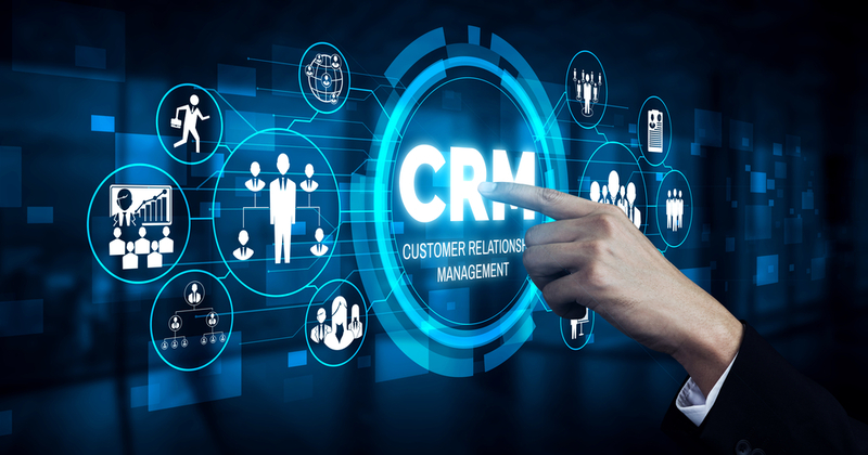 CRM Customer Relationship Management for business sales marketing system concept presented in futuristic graphic interface of service application to support CRM database analysis.