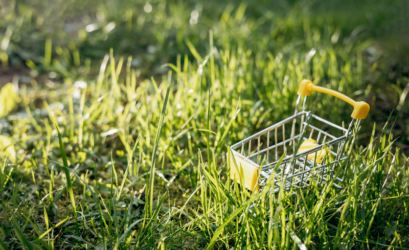 Sustainable consumption. Empty shopping cart on green grass background. Zero waste concept. Copy space.