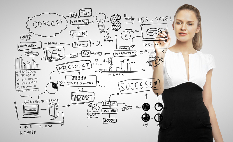 businesswoman drawing and business plan