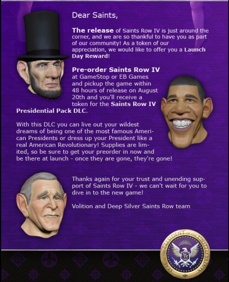 Saints Row 4 com presidentes norte-americanos