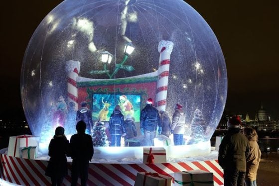 ÔFans gathered for a festive high definition screening of The Grinch in a giant snow globe on LondonÕs South Bank yesterday. The one-off screening was held to highlight Sky MoviesÕ line-up of Christmas films. The Grinch will be shown on Sky Movies Christmas Channel HD at 10:15am on Christmas Day.Õ