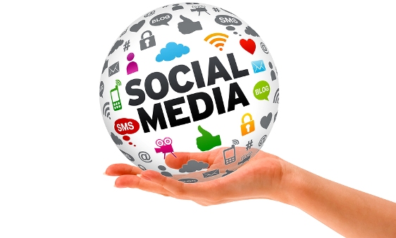 Hand holding a Social Media 3d Sphere sign on white background.