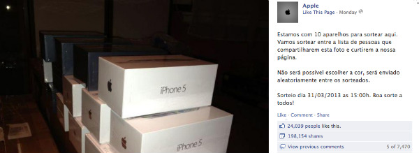 Sorteio falso de iPhone 5 engana 200 mil no face