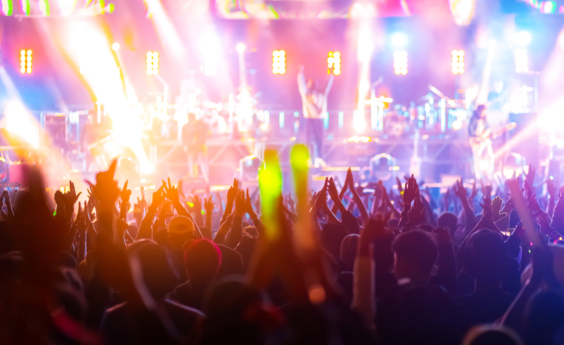 crowd with raised hands at concert festival