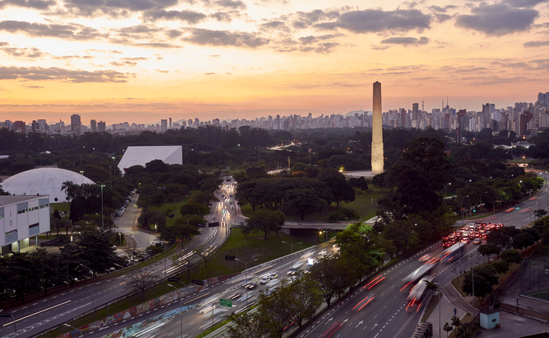 Sao Paulo city at nightfall, Brazil. Ibirapuera Park