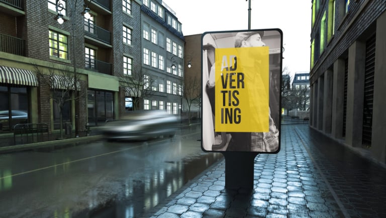 Advertising billboard on city street at evening 3d rendering Advertising billboard on city street at evening 3d rendering