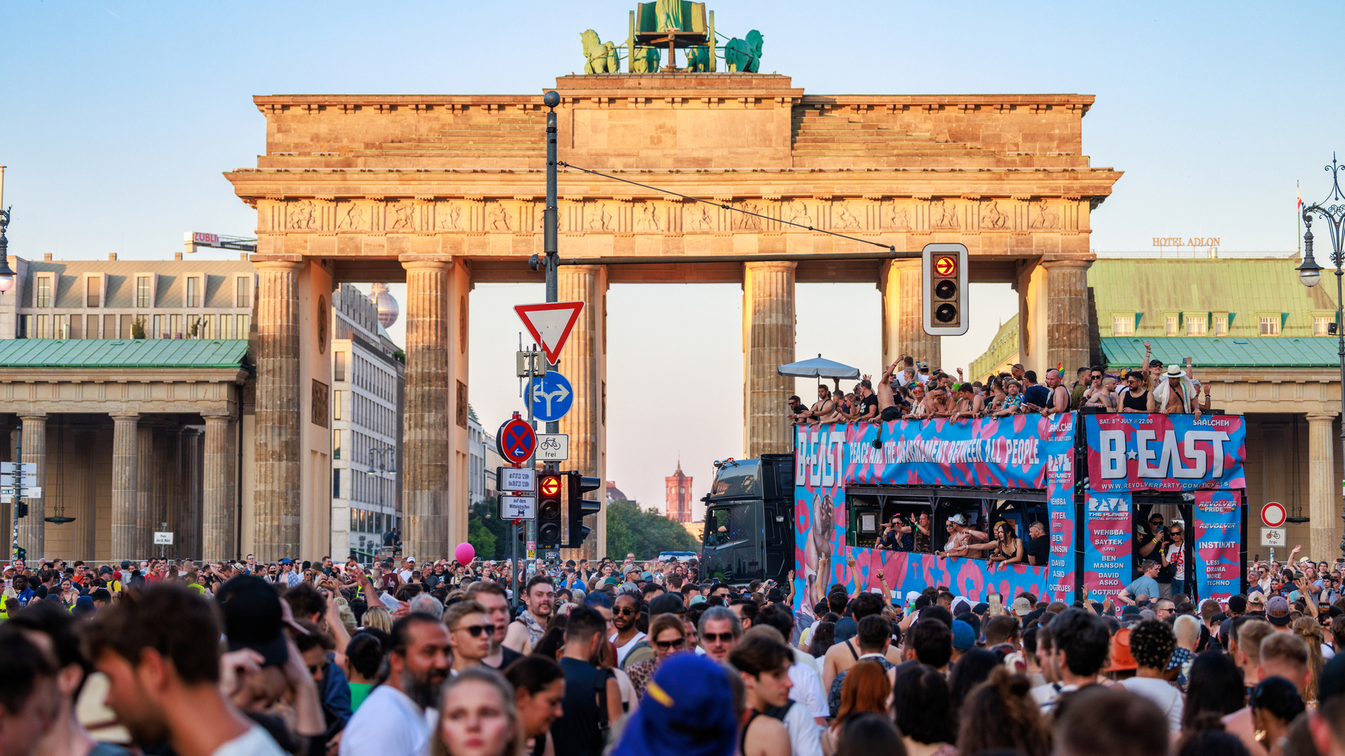 Berlin, Berlin/Germany - July 08.2023: Rave the Planet parade in Berlin. Rave the Planet is an electronic dance music festival and technoparade.