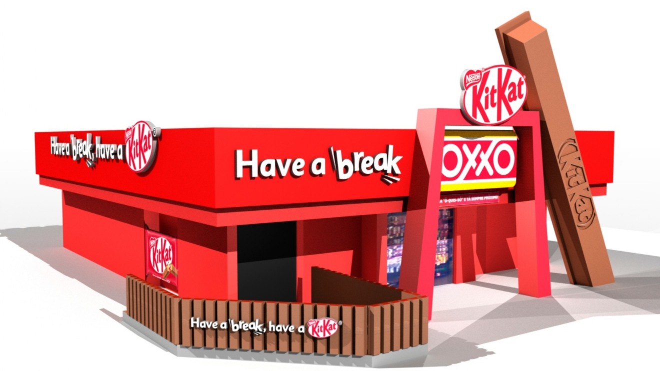 Imagem demonstrativa de uma loja OXXO decorada pela KITKAT Imagem demonstrativa de uma loja OXXO decorada pela KITKAT
