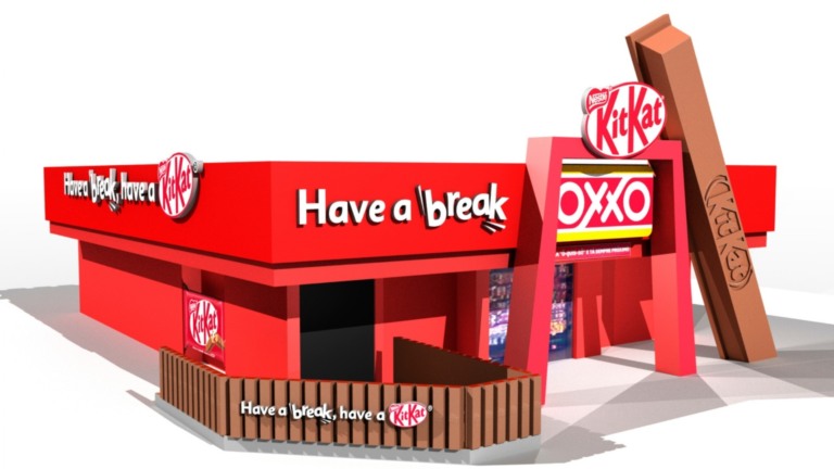 Imagem demonstrativa de uma loja OXXO decorada pela KITKAT