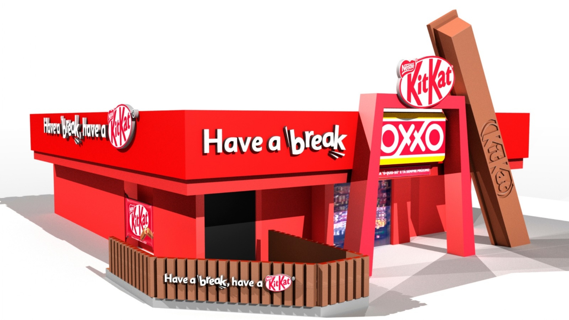 Imagem demonstrativa de uma loja OXXO decorada pela KITKAT