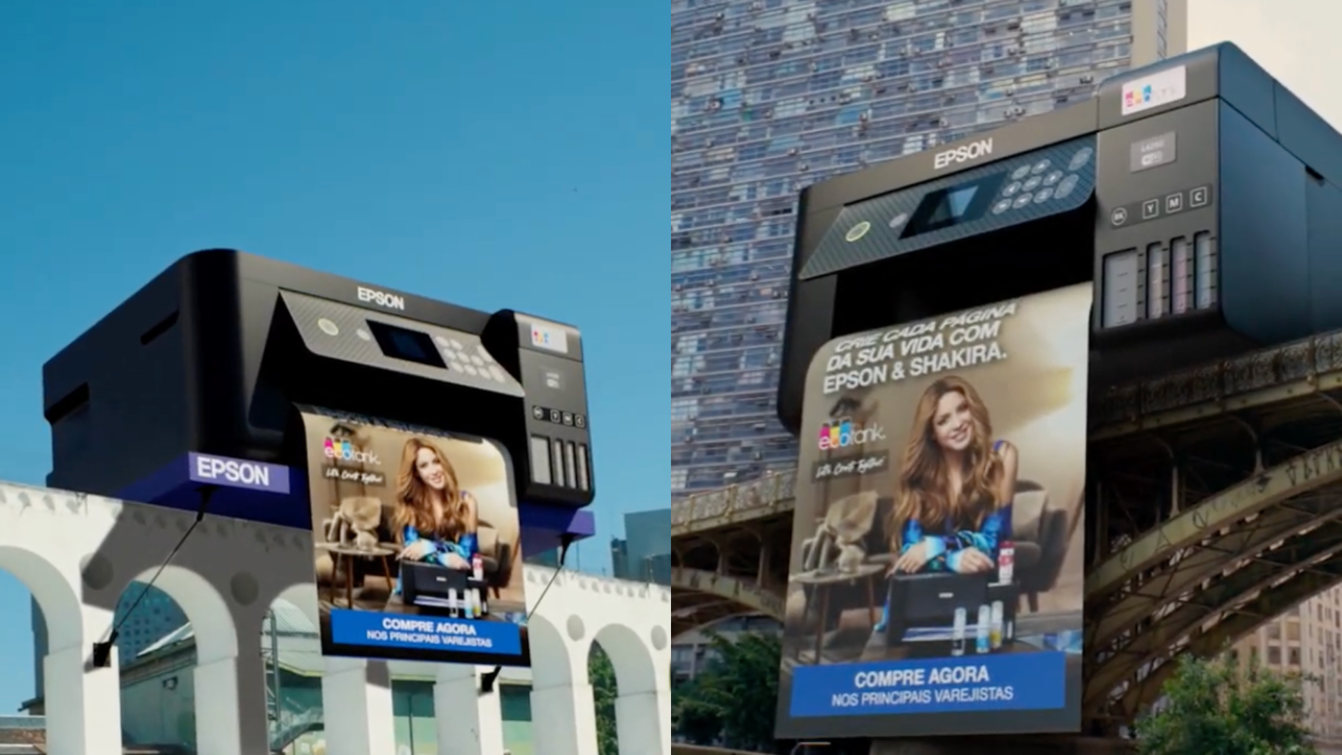 A Epson, líder global em impressão e projeção de imagens, está lançando uma ação de marketing que mostra equipamentos gigantes em pontos turísticos de São Paulo (SP) e Rio de Janeiro. A empresa colocou projetores smart EpiqVision e impressoras EcoTank em pontos estratégicos das cidades para projetar e imprimir conteúdos da campanha “Let’s Create Together”. Na ativação é possível ver uma EcoTank gigante imprimindo imagens no Viaduto Santa Ifigênia e nos Arcos da Lapa, enquanto um enorme projetor smart EpiqVision traz o vídeo da campanha em dois dos maiores ícones das cidades, a Ponte Estaiada e o Pão de Açúcar.