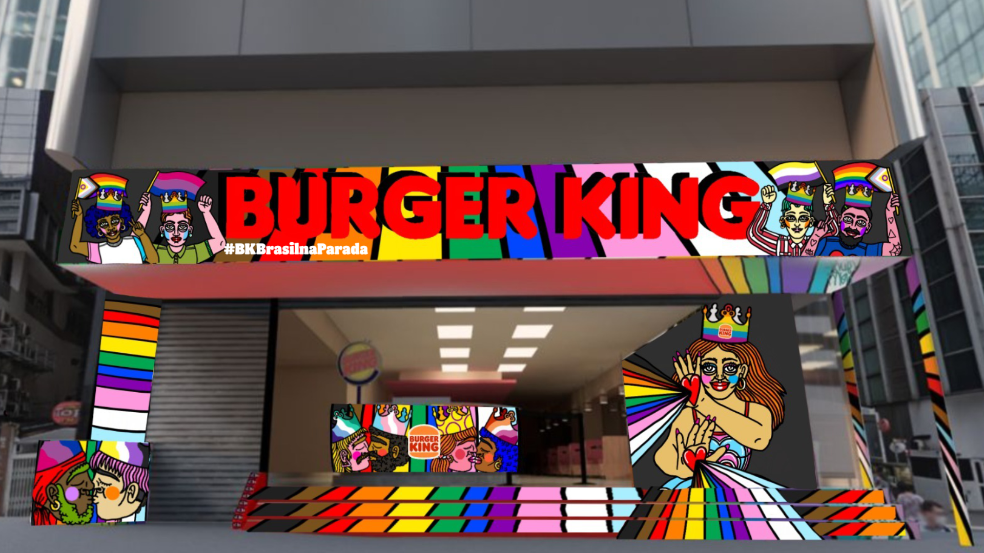 Fachada da loja do Burger King na Parada LGBTQIA+