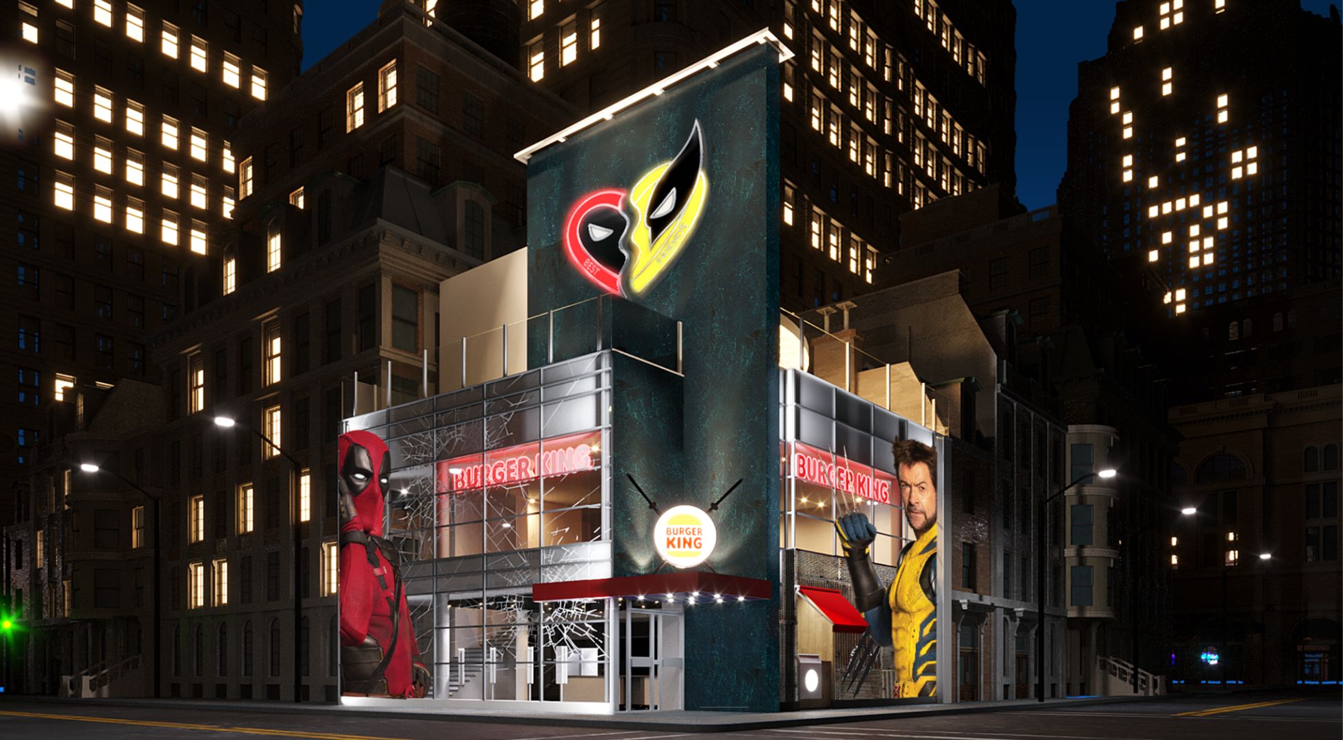 Deadpool & Wolverine estampando a fachada do Burger King