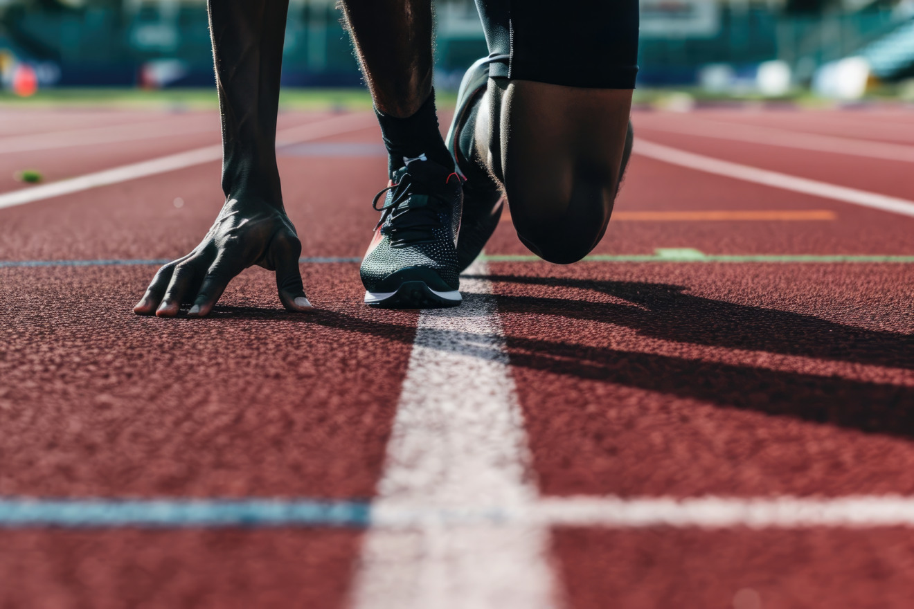 Atleta preparado para correr em uma pista de atletismo Atleta preparado para correr em uma pista de atletismo