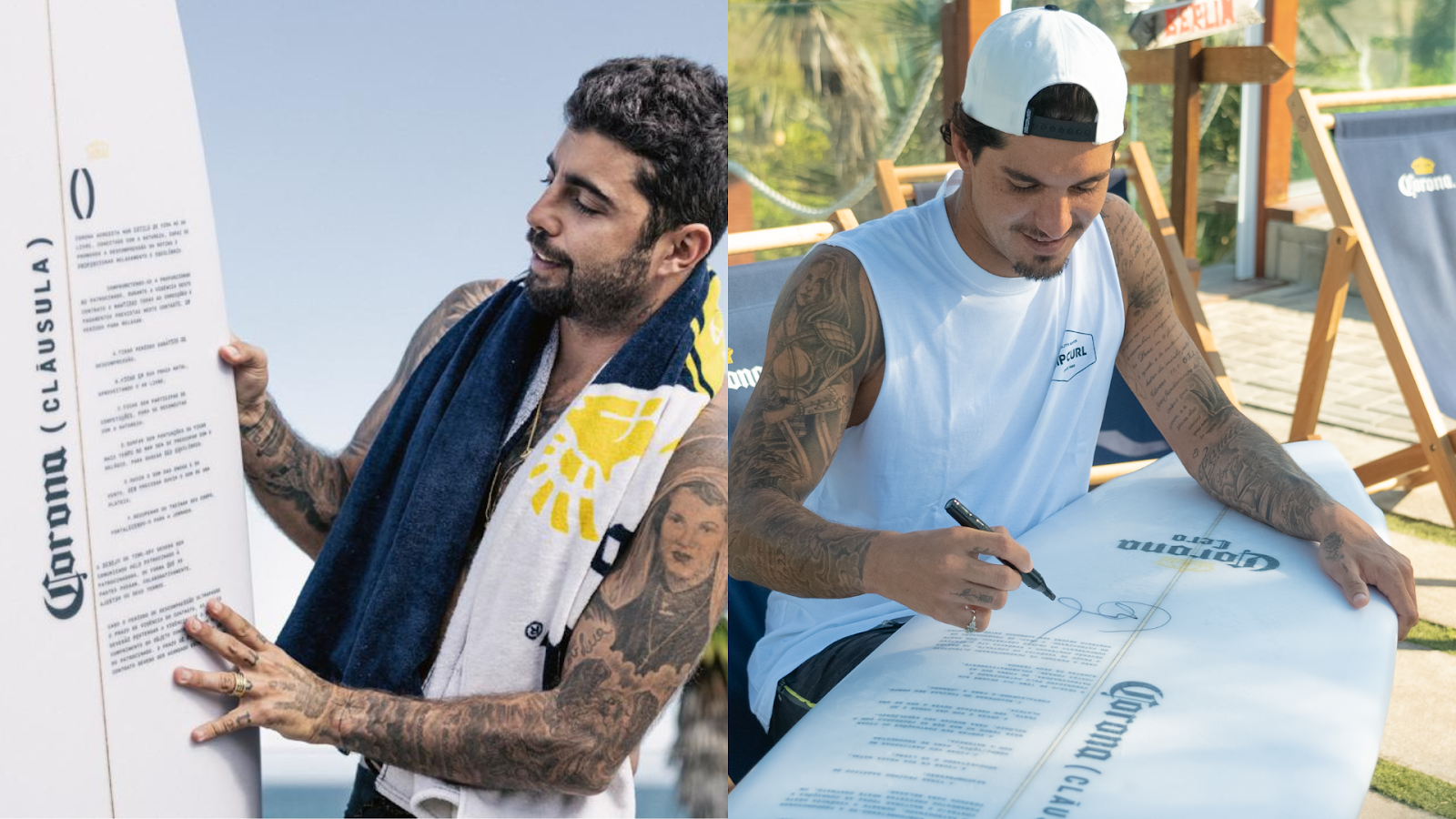 Atletas Gabriel Medina e Pedro Scooby em nova campanha da Corona Cero Cláusula