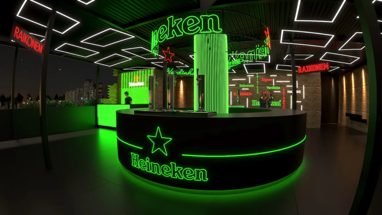 Imagem mostra um ponto de venda customizado da Heineken, dentro do conceito "Fotografia de Sucesso"