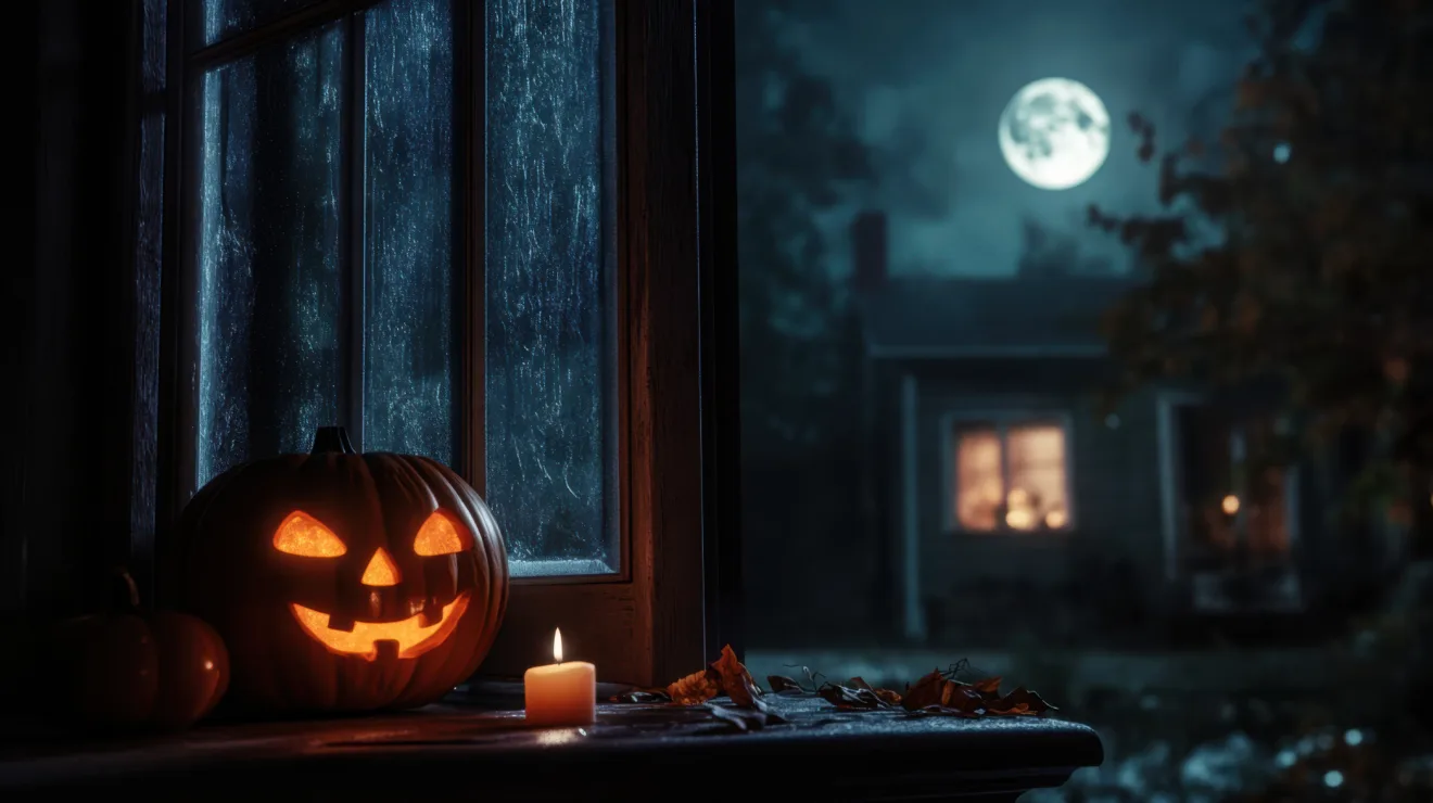 Imagem mostra uma abóbora decorativa de Halloween em uma janela Imagem mostra uma abóbora decorativa de Halloween em uma janela