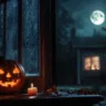 Imagem mostra uma abóbora decorativa de Halloween em uma janela