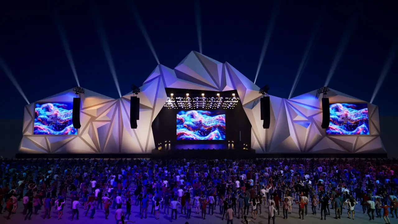 Projeção do Palco Sunset do Rock in Rio 2024 com tons de azul e roxo