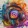 Logotipo do Instagram envolto de um fone de ouvido, que representa a música, e cores vibrantes