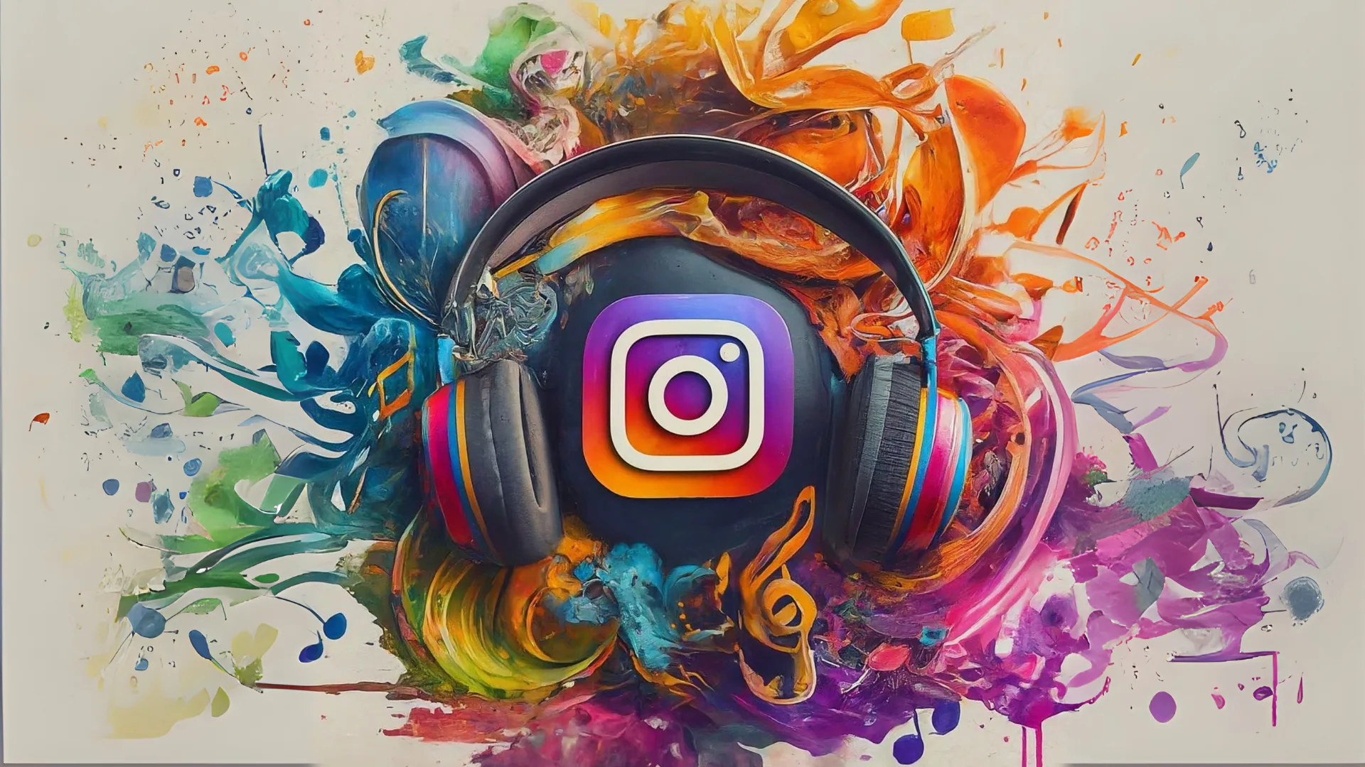 Logotipo do Instagram envolto de um fone de ouvido, que representa a música, e cores vibrantes