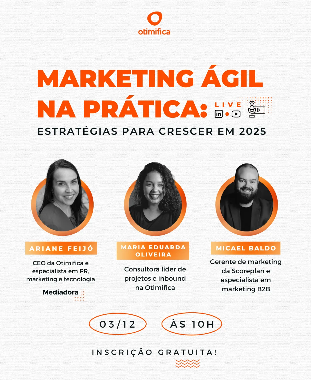 Banner da live "Marketing Ágil na Prática" estratégias para crescer em 2025, que acontece dia 03 de dezembro às 10 horas