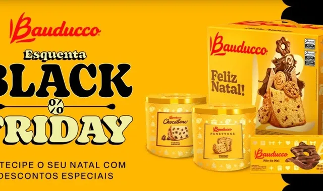 Banner mostra divulgação de promoções da Bauducco para o fim de ano