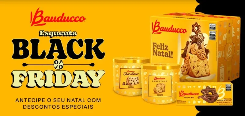 Banner mostra divulgação de promoções da Bauducco para o fim de ano