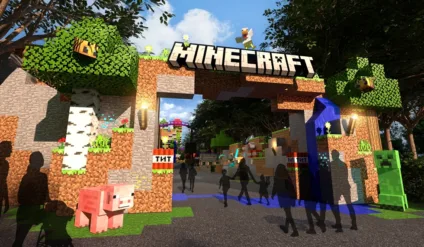 Ilustração em 3D mostra como seria um espaço de Minecraft em parques de diversão